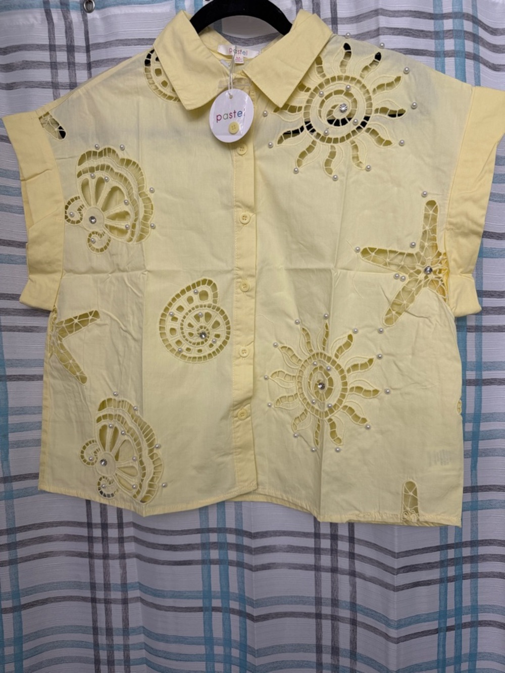 Pastels Yellow Cutwork Embroidered Shell & Sun Button-Up